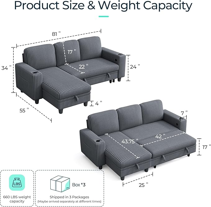 LINSY HOME Sectional Sleeper Sofa with Pull Out Couch Bed Convertible Plush Corduroy Cloud Couch with Storage Chaise & USB Charging, Comfy L Shaped Modular Couches for Living Room Apartment (Grey)