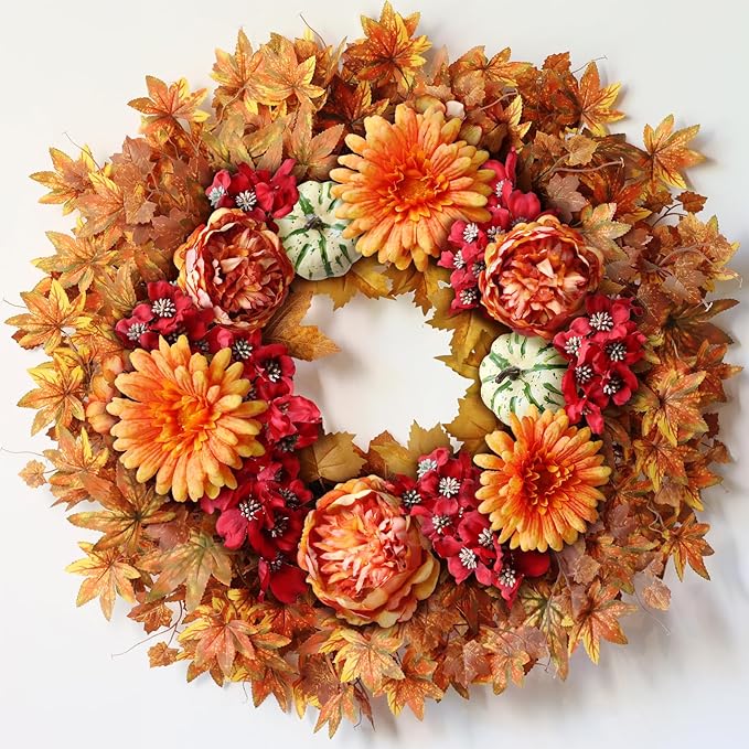 26" Fall Wreath for Front Door - Large Artificial Maple Leaves Fake Silk Peony Faux Pumpkin Outdoor Wreath for Porch, Window,Farmhouse,Home,Thanksgiving Day Harvest Festival Autumn Decor