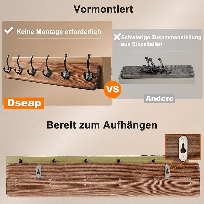 Dseap Coat Rack Wall: 24" Long, Patented, Heavy-Duty, 6-Double-Hooks Wooden Wall Mounted Coat Rack Coat Hanger Hook Rail for Winter Coats Hat Jacket Clothing, Natural & Black