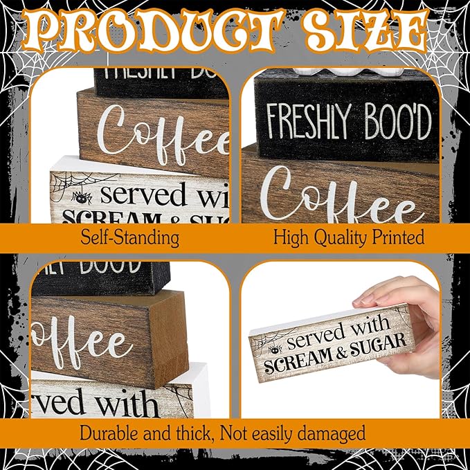 4 Pcs Halloween Table Decor Coffee Ghost Wooden Sign Halloween Tiered Tray Decor Farmhouse Ghost Tabletop Centerpiece Decorative Coffee Bar Block Signs for Home Office Kitchen Shelf