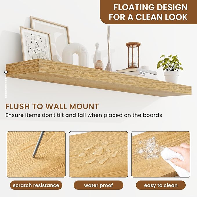 fuqing Floating Shelves for Wall, Bathroom Shelf Wall Mounted for Storage, Shelves with Invisible Bracket for Bedroom, Kitchen, Living Room, Farmhouse Small Book Shelf, 48 Inch Set of 2, Oak