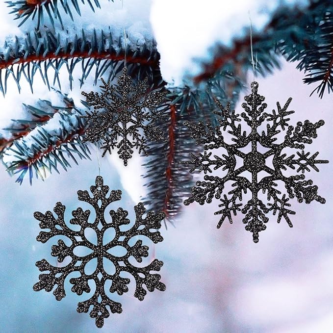 36pcs Black Christmas Snowflake Ornaments, Plastic Glitter Hanging Snow Flakes for Christmas Tree Decorations Winter Wonderland Frozen Birthday Party Holiday Home Decor Craft Snowflakes