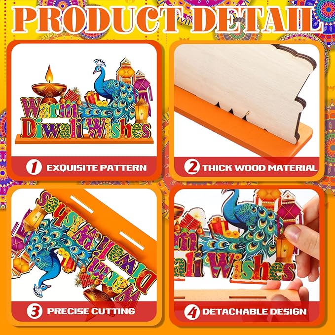 6 Pcs Diwali Wooden Table Centerpiece Warm Diwali Washes Wooden Table Sign Festival Candle Elephant Peacock Signs Farmhouse Wood Tabletop Decor for Home Party, 6 Styles