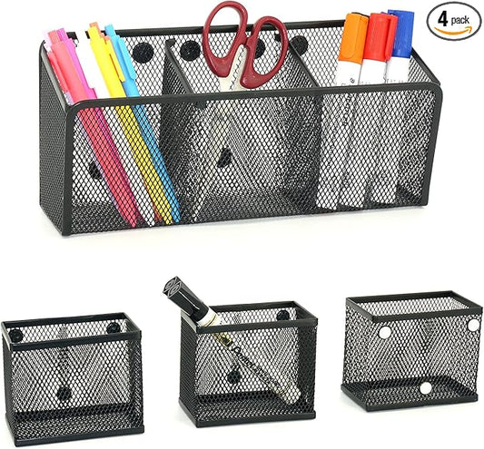 Neudeco Magnetic Pencil Holder, Locker Shelf Organizer, Metal Storage Basket for Whiteboard, Refrigerator, Ideal Cabinet for School, Black (Pack 4)