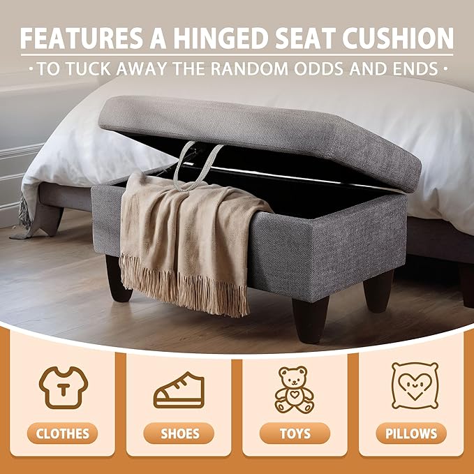 Ottoman Rectangular Storage Ottoman Bench, Flannel Footrest Stool Footstool with Lid for Living Room, Bedroom, Entryway, Gray, 28.5"x19"x17.5"