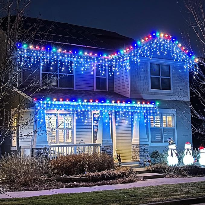 33ft Icicle Lights for Outside, Blue and White Christmas Lights Outdoor Indoor, 400 LED Twinkle String Light with 75 Drops Short Curtain Light for Thanksgiving Room Home Wall Bedroom Window Decoration