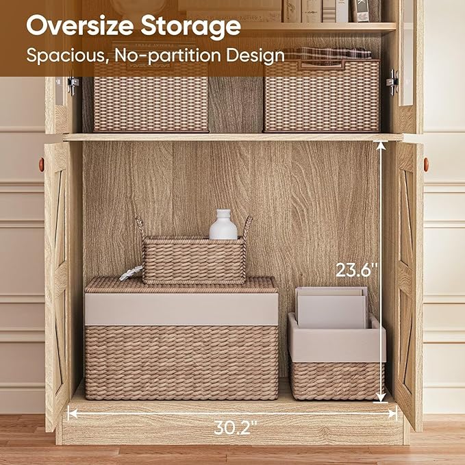 Vyre 71" Tall Farmhouse Bookshelves with Glass Doors, Set of 3 – Large Modular Bookcase with Adjustable Shelves, Storage Cabinet for Living Room, Kitchen, Home Office, Brown