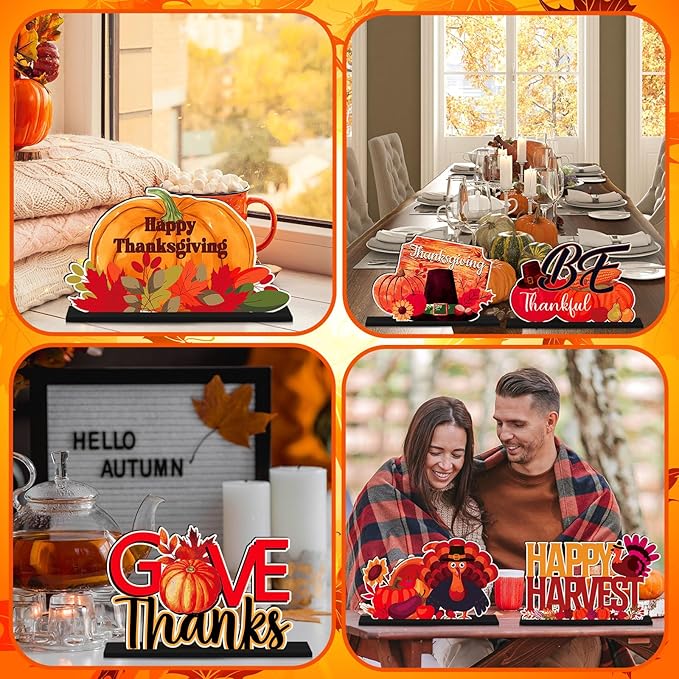 6 Pcs Thanksgiving Wooden Table Decorations Happy Harvest Party Supplies Thanksgiving Turkey Pumpkin Table Centerpieces for Home Indoor Give Thanks Be Thankful Holiday Party Decor