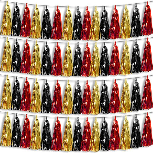 4P Black-Red Gold Foil Fringe Metallic Tassel Garland, Tassels Banner Streamers for Parade Floats, Bachelorette, Wedding, Birthday, Halloween, Christmas, Bridal/Baby Shower Party Decorations
