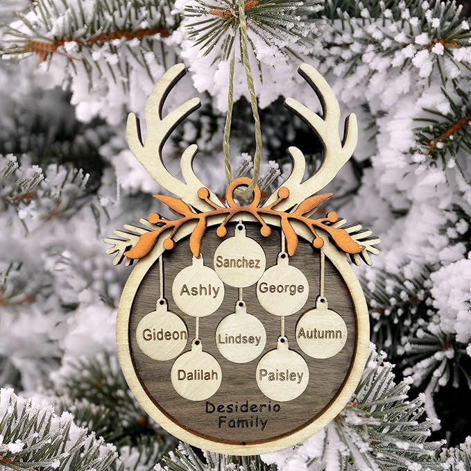 2025 Personalized Christmas Ornaments Family of 2/3/4/5/6/7/8,Custom Reindeer Christmas Wooden Ornaments Deorations with Names,Customized Xmas Ornament Tree Deorations,Personalized Xmas Gifts