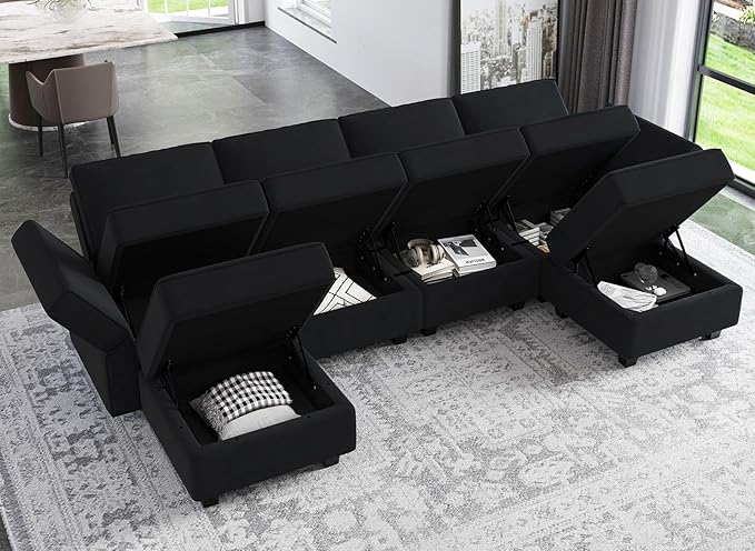 Belffin Modular Sectional Sofa with Reversible Chaises Velvet U Shaped Sectional Couch with Storage Seat Black