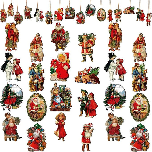 48 Pcs Vintage Wood Ornaments - Victorian Style Santa Claus, Snowman & Retro Decor for Christmas Trees