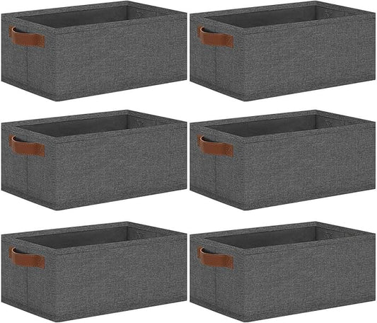 GhvyenntteS Small Fabric Storage Bins 6 Pack, 11.8" x 7.87" x 5.11" Storage Basket with Leather Handles, Closet Storage Bins for Shelves, Storage Baskets for Shelves, DVD Storage (Grey)
