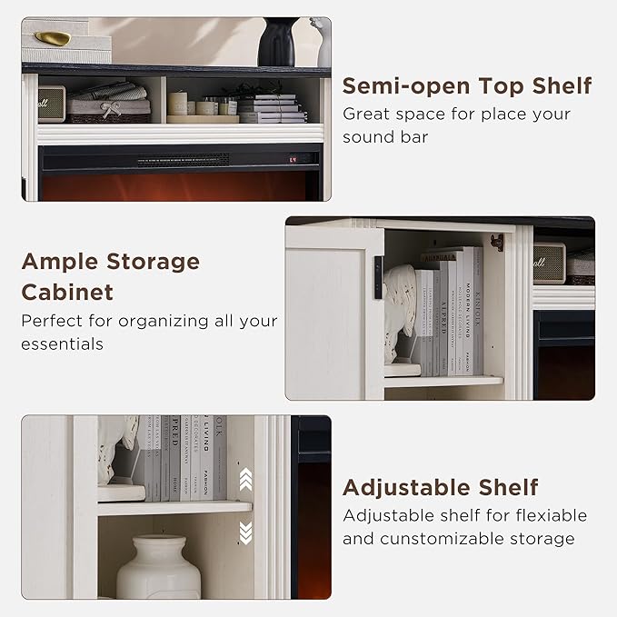 Fireplace TV Stand for 80 Inch TV, 35.7" Tall Farmhouse Entertainment Center W/36'' Electric Fireplace, Media Console with Large Storage Cabinets and Drawers for Living Room, Antique White