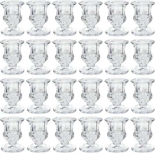 Glass Candle Holders Set of 24- Clear Candlestick Holders & Taper Candle Holders for Wedding Centerpiece Table Decorations, Valentines Day Decor, Party and Romantic Dinner