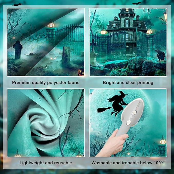 Avezano Halloween Photography Backdrop Full Moon Scary Night Castle Pumpkins Party Background Spooky Witch Bats Cemetery Child Kids Halloween Party Decorations Photoshoot Backdrops (8x6ft, Green)