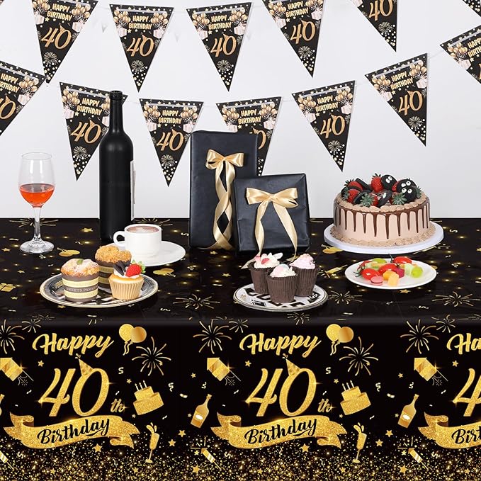 3 Pack 40th Birthday Plastic Black Gold Table Cloths, Rectangular 54x108 Table Cover for Birthday Party Decorations