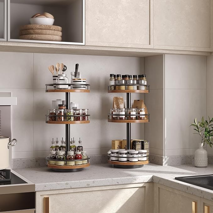 HOOBRO 3-Tier Lazy Susan Organizer, Rotating Spice Rack, Turntable Spice Rack, Vertical Storage Organizer, for Kitchen Countertop, Vanity, Dining Table, Rustic Brown and Black BF09TL01
