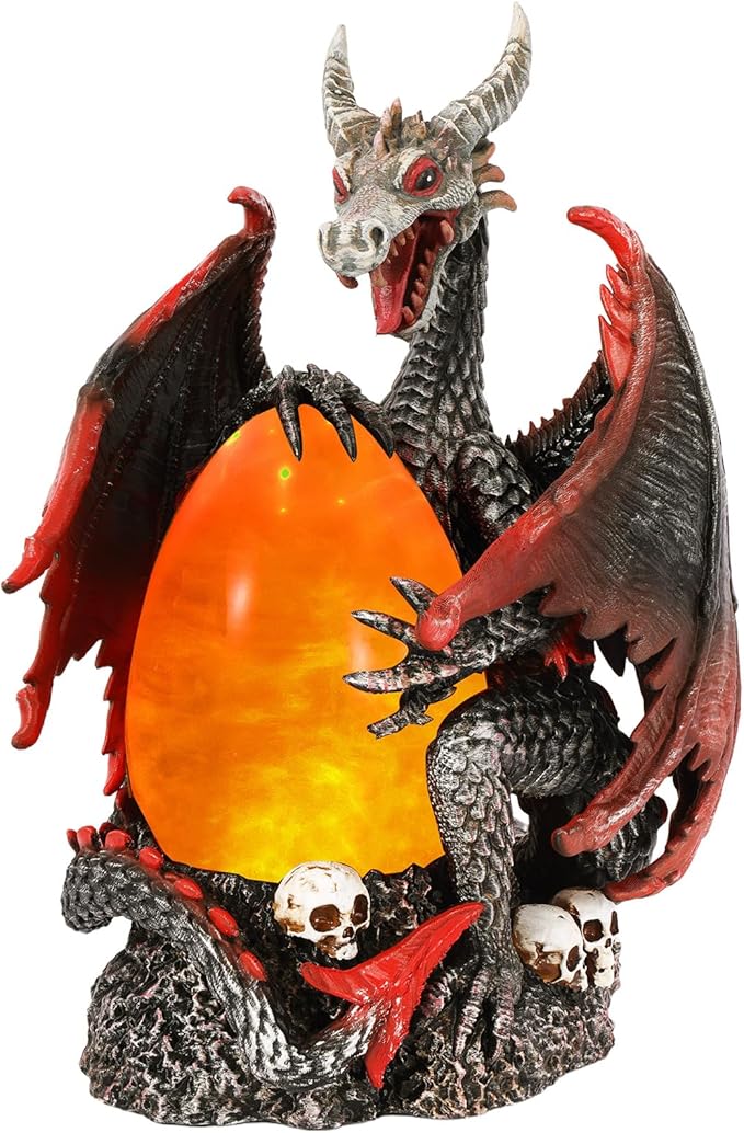 Fire Dragon Glitter Globe Statue Dragon Egg Glowing Sculpture, Skull Accent Base, Evil Dragons Lantern with 6H Timer, Battery Operated, Cool Decoration for Halloween, Fantasy Gift for Collectors