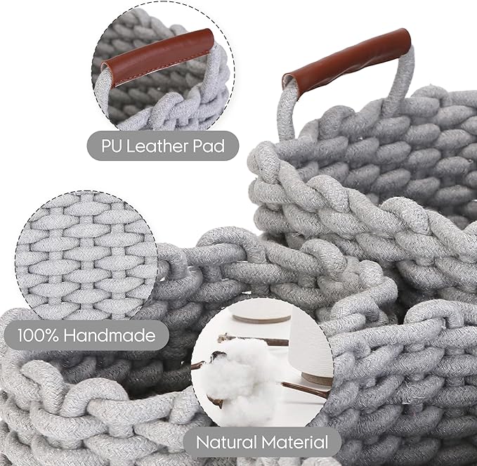 Sea Team 3-Pack Rectangle Woven Cotton Rope Storage Baskets with Handles, Shelf Basket, Closet Organizers, 3-in-1, Gray