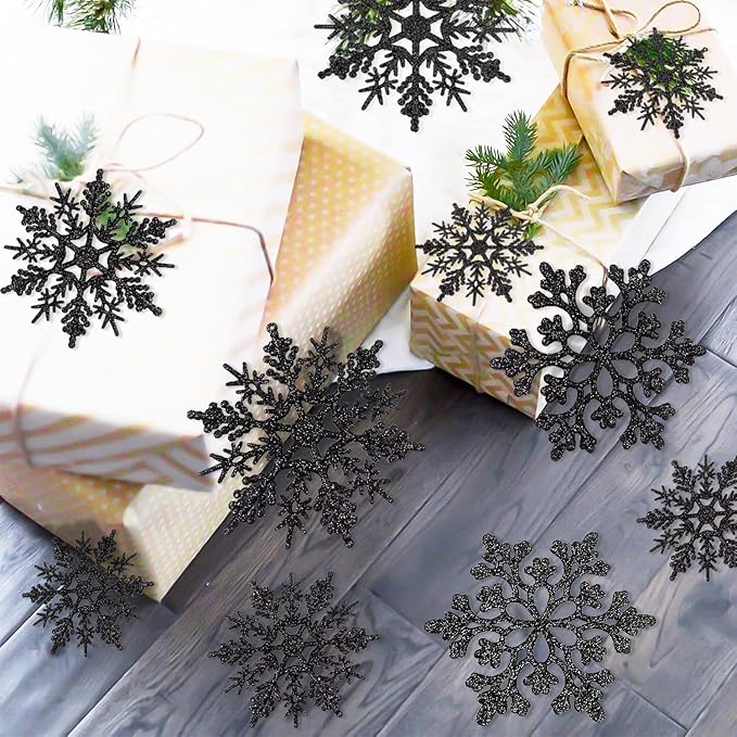 36pcs Black Christmas Snowflake Ornaments, Plastic Glitter Hanging Snow Flakes for Christmas Tree Decorations Winter Wonderland Frozen Birthday Party Holiday Home Decor Craft Snowflakes