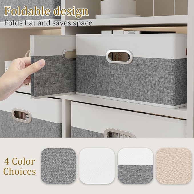Yawinhe Foldable Storage Baskets for Shelves, Fabric Closet Organizers, Bins with 3 Handles, Cubes for Clothes, White/Grey, 15''Lx9.8''Wx8.3''H, 6-Pack