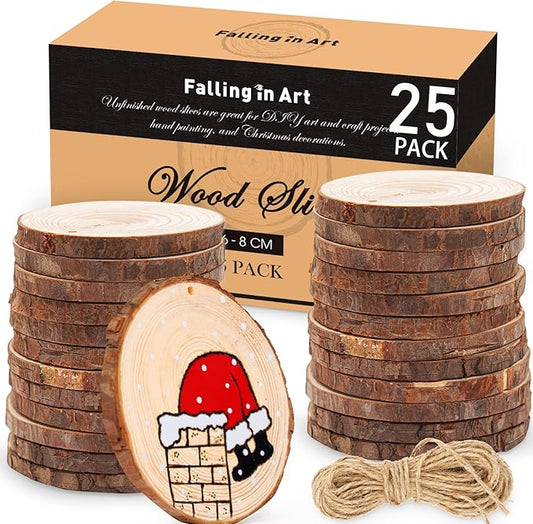 Falling in Art 2.3-3.1 Inches Natural Wood Slices Set for Crafts - 25Pcs Round Wood Discs with Pre-drilled Hole for DIY Projects, Christmas Ornaments and Wedding Decoration