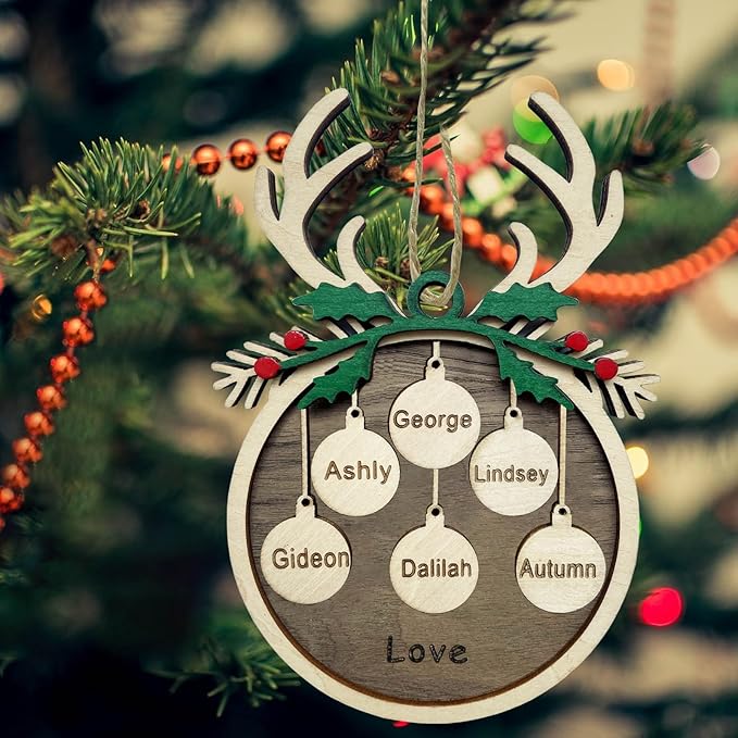 2025 Personalized Christmas Ornaments Family of 2/3/4/5/6/7/8,Custom Reindeer Christmas Wooden Ornaments Deorations with Names,Customized Xmas Ornament Tree Deorations,Personalized