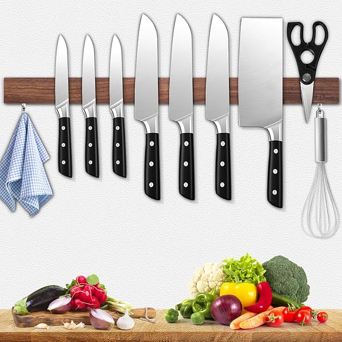 Dmore magnetic knife holder for wall—with 2 hooks, No Drilling 23 Inch walnut knife magnetic strip, Powerful knife magnet rack, include Adhesive Tape and screws for Knives, Utensils, and Tools