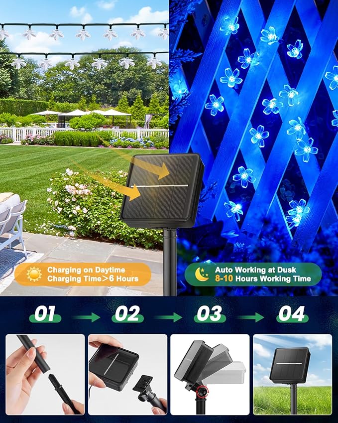 Brightown 2 Pack Total 52FT 120 LED Solar Flower String Lights for Outside Waterproof Fairy Lights for Garden Yard Fence Patio Christmas Tree Wedding Party Decor, Blue