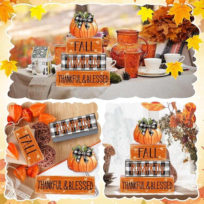 4 Pcs Fall Decor for Home Buffalo Plaid Pumpkin Wooden Signs with Blessed Autumn Tiered Tray Decor Grid Pumpkin Tabletop Centerpiece Fall Block Signs for Thanksgiving Office Kitchen Shelf