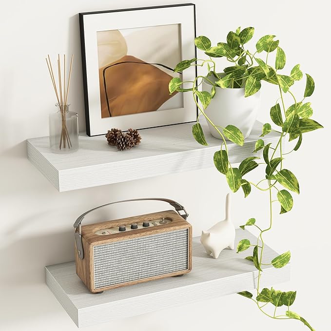 Fun Memories Deep Floating Shelves - 16" W x 9" D x 1.6" H Rustic White Wall Shelf - Wall Mounted Shelves for Storage - Wooden Shelves with Invisible Brackets for Living Room, Farmhouse - Set of 2