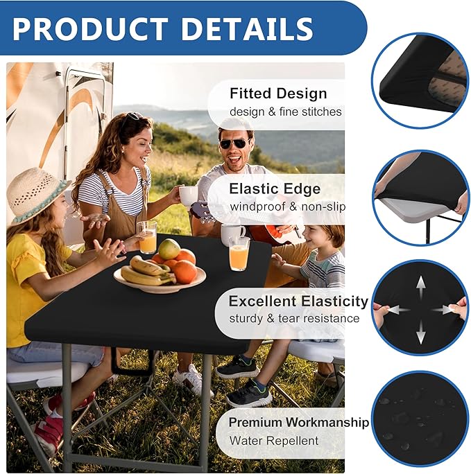 Stretch Table Cover for 4ft Rectangle Tables-10 Pack Black Spandex Table Cloths with Elastic-Stretchy Folding Outdoor Picnic Tablecloth for Camping Dining Room Patio Kitchen Banquet Party