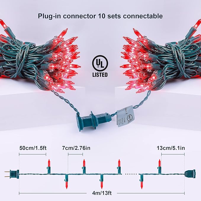 50-Count Red Valentine's Day Lights with Green Wire Waterproof,Mini String Lights for Holiday Decorations, Christmas Tree, Party, Wedding, Xmas, Home, Indoor & Outdoor Use (13ft Long)