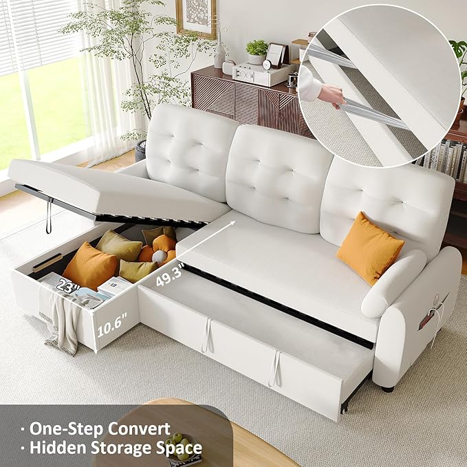 Ucloveria Sleeper Sofa Bed, 86" Convertible Sectional Sofa Couches for Living Room, 4 in 1 Pull Out Couch Bed with Reversible Storage Chaise | USB Ports | Side Pockets | Removable Backrest
