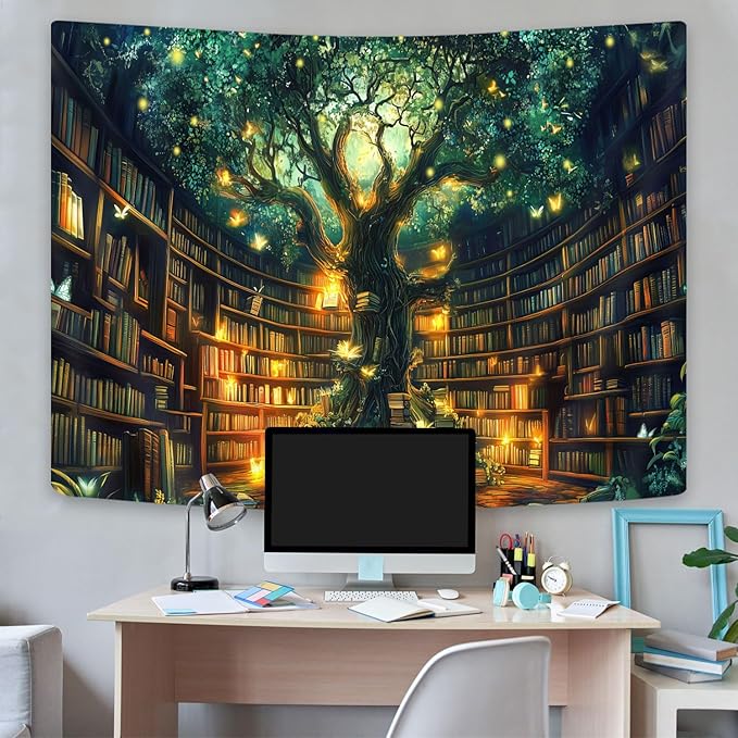 Fantasy Library Tapestry, Fairytale Tree Magic Bookshelf Aesthetic Tapestries for Classroom, Witchy Fairy Tree Mysterious Vintage Bookshelf Book Art Tapestry Wall Hanging College Room Bedroom, 60X40