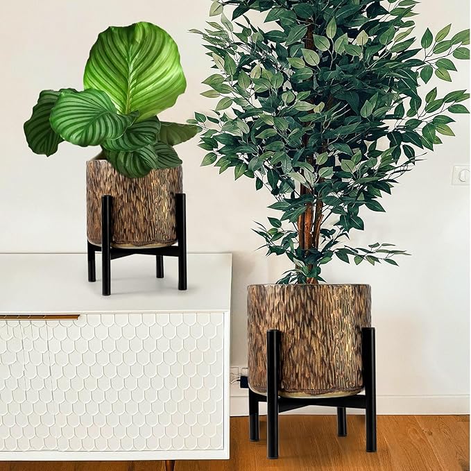 Harvest Land Plant Pots with Stand, Set of 2 Large Modern Planters Metal Tall Handmade Flower Pots with Drainage Holes Indoor Outdoor,Bronze