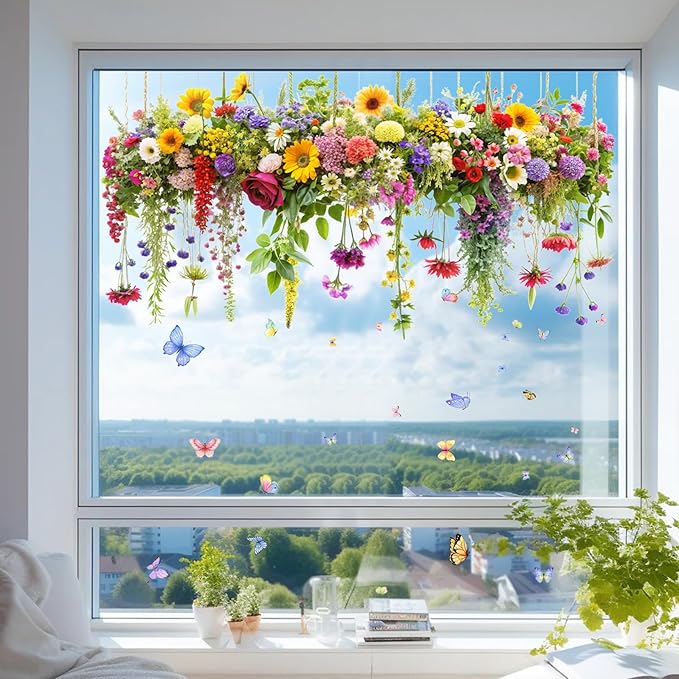 2 Set Colorful Floral Bouquet Window Stickers, Flower Butterfly Window Clings for Glass Windows,Floral Windows Film, Window Decals for Home Kitchen Bathroom Office Decoration