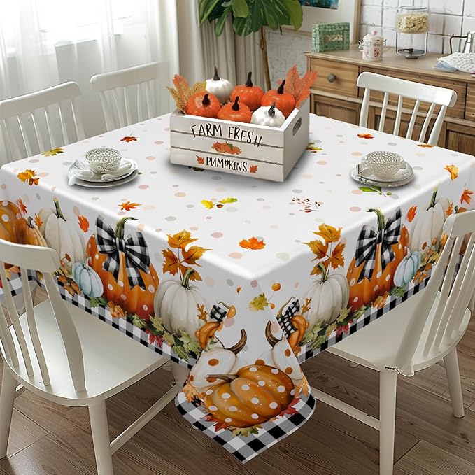 Fall Pumpkin Tablecloth Thanksgiving Autumn Buffalo Plaid Table Cloth 60"x60", Waterproof and Reusable Table Cover for Fall Harvest Party Decoration