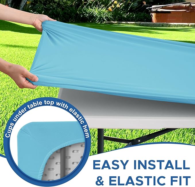 Fitted Tablecloth for 8 Foot Rectangle Table-4 Pack Light Blue Elastic Outdoor Picnic Table Cover-Spandex Stretch Folding Tablecloths 8ft for Camping Dining Room Patio Kitchen Banquet Party