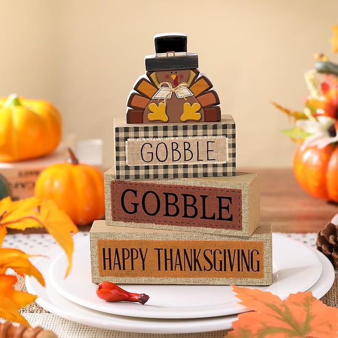4 Pcs Fall Decorations for Home Thanksgiving Tiered Tray Decor Fall Tabletop Decor Thanksgiving Centerpiece Rustic Wood Turkey Block Sign for Autumn Table Mantel Decorations