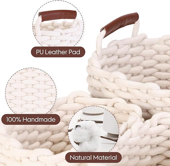 Sea Team 3-Pack Rectangle Woven Cotton Rope Storage Baskets with Handles, Shelf Basket, Closet Organizers, 3-in-1, White