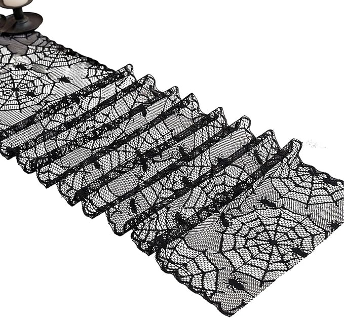 Halloween Lace Table Runners Black Gothic Spider and Cobweb Designs Lace Tablecloth Decorations Autumn Indoor Party Tabletop Cove for Halloween Decor Fireplace Mantel Scarf