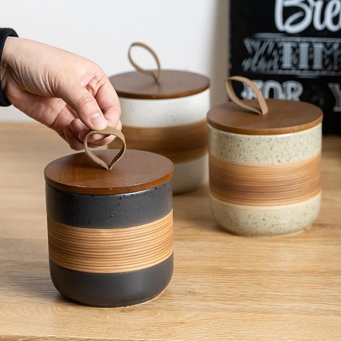 Large Storage Containers with Lids, Ceramic Coffee Container Kitchen Food Storage Jars for Spice Sugar Tea Bag, Stackable Decorative Jars for Counter, Black & 61oz