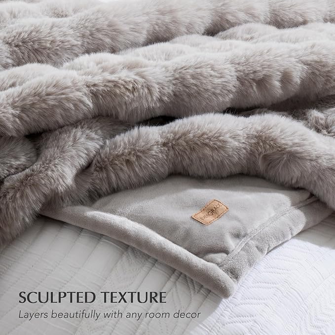 EVERGRACE Ultra Soft Luxury Fluffy Ridgeline Faux Rabbit Fur Throw Blanket, Thick Warm Fuzzy Blankets for Winter, Cozy Plush Reversible Blanket for Couch, Bed, Sofa, Taupe, 80x90 Inches, 870 GSM