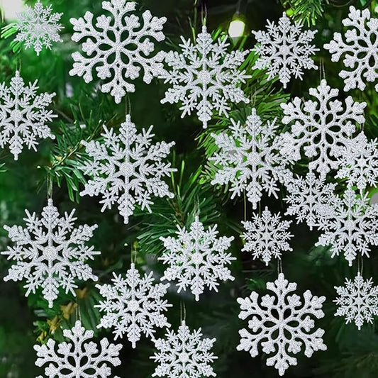 36pcs Christmas Silver Snowflake Ornaments Plastic Glitter Snow Flakes Ornaments for Winter Christmas Tree Decorations Size Varies Craft Snowflakes