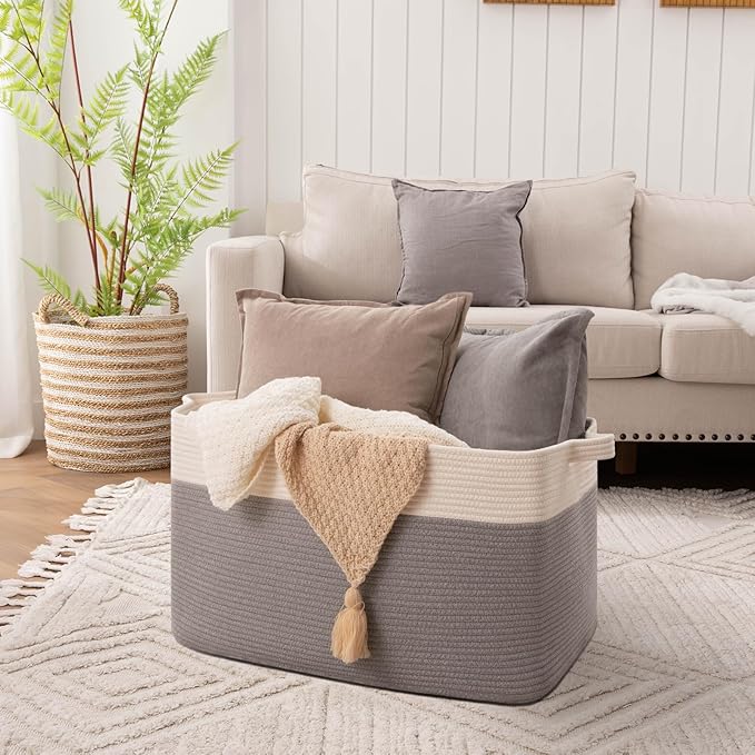 OIAHOMY 95L Blanket Basket, 24”x17”x14”, Large Woven Baskets for Storage, Nursery Cotton Rope Basket with Handle, Living Room, Nursery, Bedroom,Toy Baskets Organizer Bins, Grey & White
