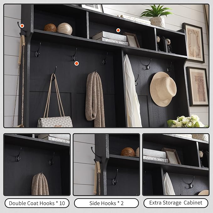 JXQTLINGMU 59" Farmhouse Hall Tree with Shoe Storage, Entryway Bench with 20 Cubbies, 12 Hooks & Sliding Barn Doors, Mudroom Coat Rack Cabinet, Black