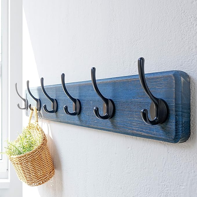 Dseap Coat Rack Wall: 24" Long, Patented, Heavy-Duty, 6-Double-Hooks Wooden Wall Mounted Coat Rack Coat Hanger Hook Rail for Winter Coats Hat Jacket Clothing, Weathered Blue, Pack of 2