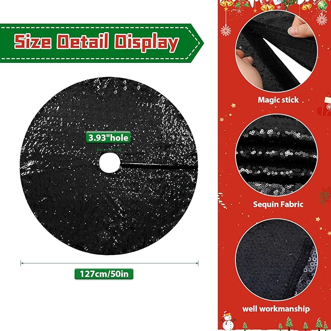 Eternal Beauty Christmas Tree Skirt, 50 Inch Black Halloween Sequin Tree Skirt Small Xmas Tree Skirt for Christmas Tree Decorations